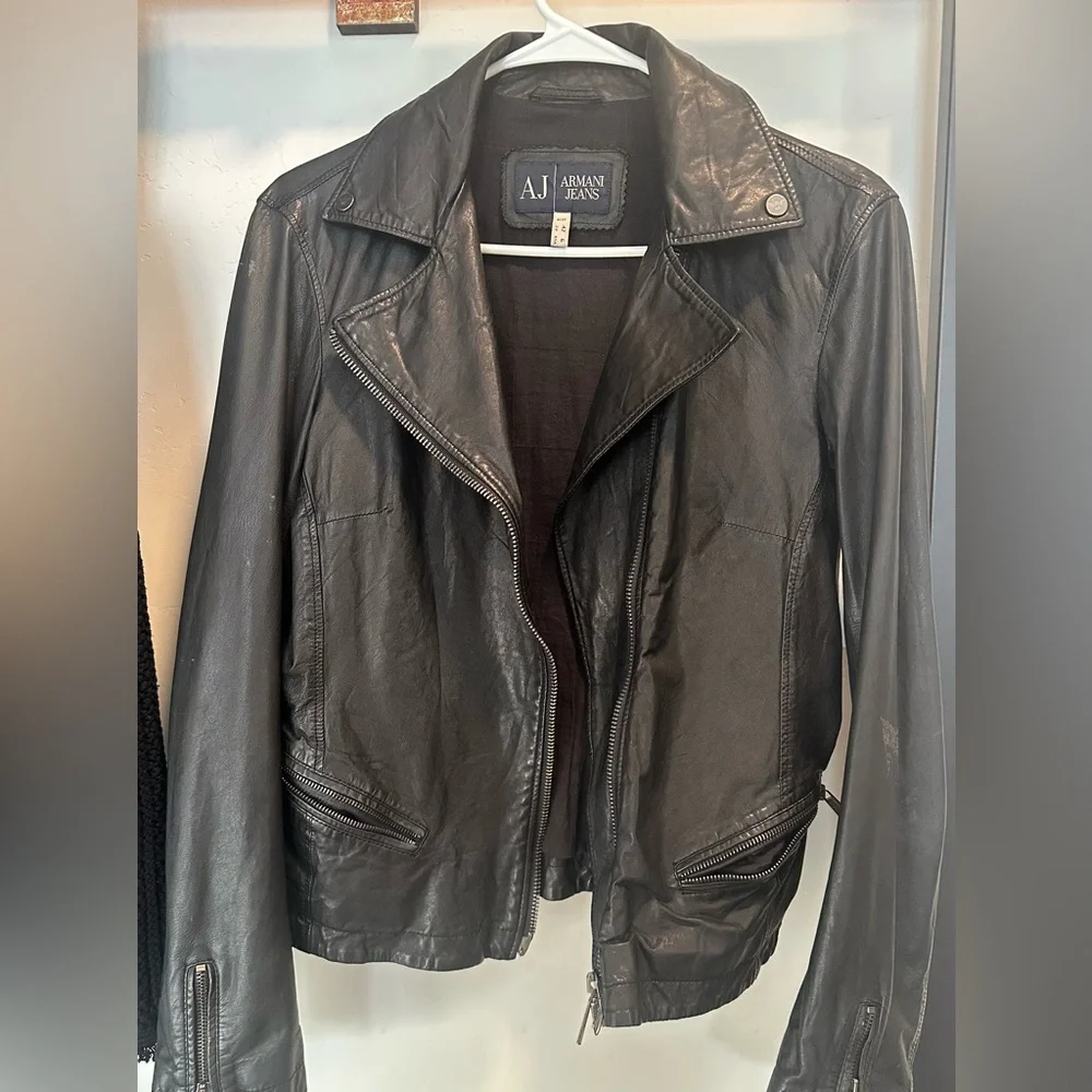 Armani Jeans Black Leather Motorcycle Jacket, Women's Size 6 - Picture 14 of 16